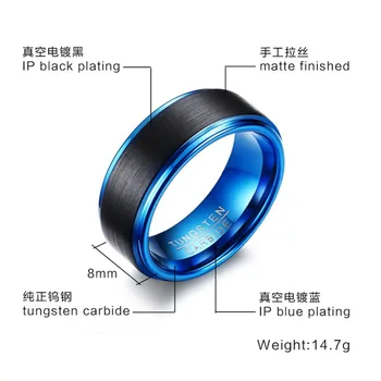 SIZZZ Vyro 8 mm (volframo plieno žiedas juoda + mėlyna banga, papuošalai, vyrų Kalėdų dovana didmeninės