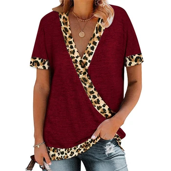 SONDR Moterys Vasarą T-shirt Leopard Kratinys V-kaklo, Trumpas Rankovėmis Marškinėlius Lady Streetwear Harajuku Atsitiktinis Viršūnes футболки
