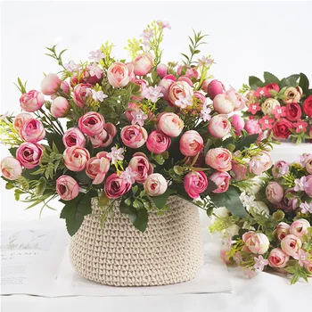 Spalvotų Arbatos Rožės vazos, namų dekoravimo reikmenys netikrą daisy plastikinių gėlių vestuvių dekoratyvinis Dirbtinės gėlės pigiai