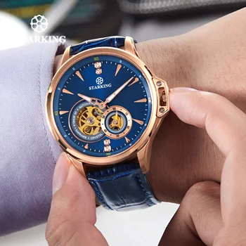 STARKING Vyrai Žiūrėti Deep Blue Skeletas Mechaninė Laikrodžius Klasikinis Dizainas Vyrų Laikrodis natūralios Odos Automatinis Laikrodžiai 5ATM