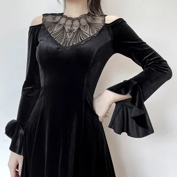 Streetwear Black, Gothic Suknelė Rudens-Žiemos Mados Diablo Stebėjimo Ilgomis Rankovėmis Sujungimas Nėrinių Apykaklę Lotus Rankovės Retro Suknelės