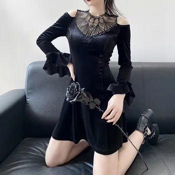 Streetwear Black, Gothic Suknelė Rudens-Žiemos Mados Diablo Stebėjimo Ilgomis Rankovėmis Sujungimas Nėrinių Apykaklę Lotus Rankovės Retro Suknelės