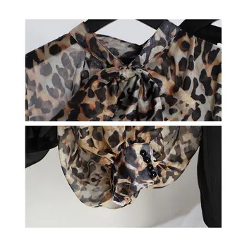Streetwear Leopard Bowknot Šifono Palaidinė Marškinėliai Moterims Žibintų Rankovės Skaidrios Tiulio Seksualus Drabužių Pavasario Vasaros Mados Viršų