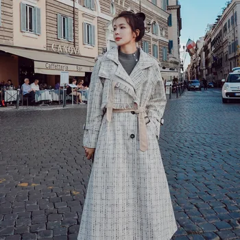 Streetwear Moterų Tvido Paltas Rudens Žiemos Vidutinio Ilgio Prarasti Pledas Vilnonis Striukės Elegantiškas Varčias Tiesiai Juoda Šalis Paltas