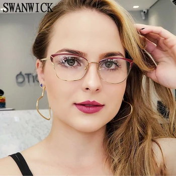 Swanwick moterų mėlynos šviesos blokavimas akinius cat eye kompiuterių optiniai akinių rėmeliai moterų metalo raudona juoda šalių priedus, karšto