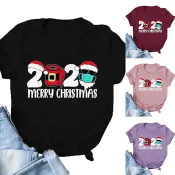 T-Shirt Moterims Spausdinti 2020 Linksmų Kalėdų Viršūnes Atsitiktinis Trumpas Rankovės Dugno Megztinis Dėvėti