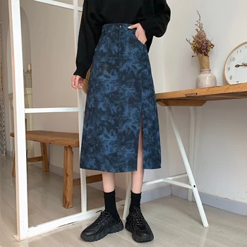 Tie dažai dizaino sijonas moterų pavasarį ir vasarą 2021 naujų korėjos stiliaus padalinti šviesą aukštos juosmens, plonas-line vidutinio ilgio sijonas