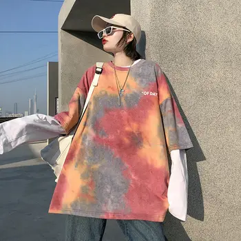 Trumpomis Rankovėmis T-shirt Moterims, Vasaros Nauji Harajuku BF Stiliaus Kaklaraištis Dažyti Pusė Rankovės Viršuje Drabužiai