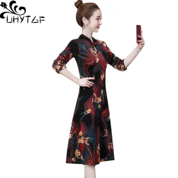 UHYTGF Rudens dress moterų retro cheongsam elegantiškas ilgas suknelės plius aksomo storio Stovėti apykaklės megztinis atsitiktinis žiemos dress 1303