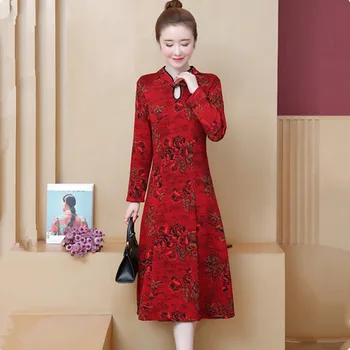 UHYTGF Rudens dress moterų retro cheongsam elegantiškas ilgas suknelės plius aksomo storio Stovėti apykaklės megztinis atsitiktinis žiemos dress 1303