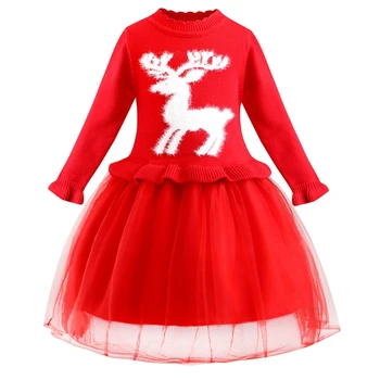 Vaikams Kūdikių Merginos Kalėdų Džemperis-Suknelė Žiemos Kalėdos Elniai Šiltas Mezgimo Nėrimo Šalies Tiulio Sūpynės Princesė Vestuvių Suknelės Vestido