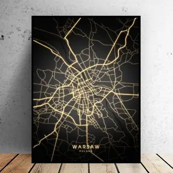 Varšuvoje Lenkijos Juodos ir aukso Drobė Sienos Meno Žemėlapį Plakatas