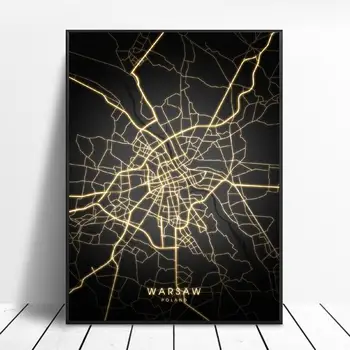 Varšuvoje Lenkijos Juodos ir aukso Drobė Sienos Meno Žemėlapį Plakatas