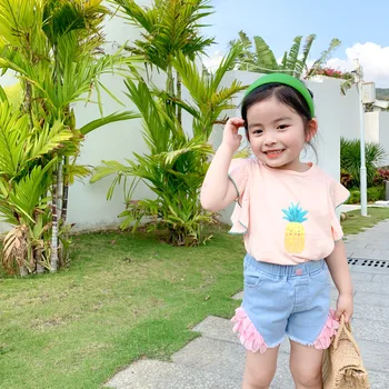 Vasaros Naują Atvykimo korėjos stiliaus medvilnės visas rungtynes, ananasų spausdintų lapų trumpomis rankovėmis t-shirt mielas sweet baby mergaitės