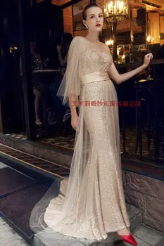 Vienos pečių karšto seksualus undinė šampano blizgučiais tiulio ilgai šalies elegantiškas vestidos Oficialų suknelė 2018 bridesmaid dresses
