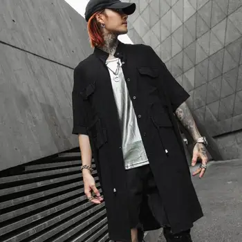 Vyrai raišteliu dizaino juodos punk hip-hop ilgai marškinėliai derliaus street wear naktinis klubas etape kostiumas vyras atsitiktinis ilgomis rankovėmis marškinėliai