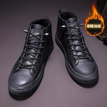 Vyriški batai žiemos plius aksomo, šilta medvilnė batai vyriški laisvalaikio gryna juoda butas batai high-top odiniai batai visas rungtynes banga batai