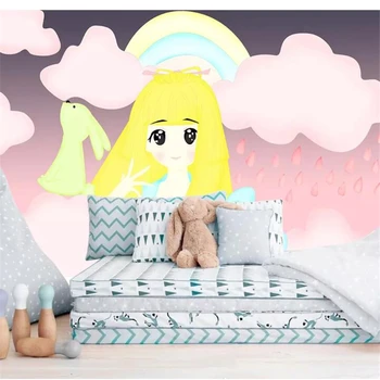 Wellyu papel de parede para quarto Užsakymą tapetai Ranka pieštas dangus, debesys animacinių filmų mergina vaikų kambario foną sienos tapety