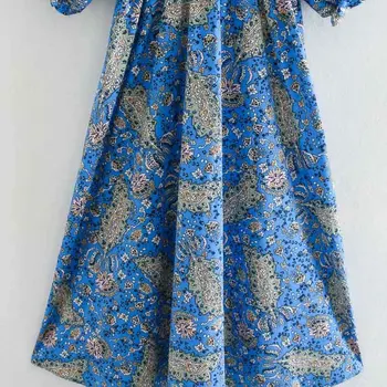 Za 2020 Mėlyna Spausdinti Vidutinio ilgio Suknelė Moterų Mados V-kaklo Burbulas trumpomis Rankovėmis Elastinga Juosmens Suknelė Moterims Retro Elegantiška Suknelė