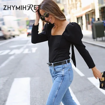 ZHYMIHRET Vintage Juodas Kvadratas Apykaklės Marškinėliai 2019 M. Rudenį Sluoksniuotos Rankovėmis Marškinėlius Backless Camiseta Mujer Streetwear Mados Viršūnes