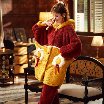 Žiemos Pižama Nustatyti Moterų Sleepwear Šiltas Flanelė Ilgomis Rankovėmis Chalatas + Pižamos Kelnės Moteriška Karikatūros Mielas Homewear Aksomo Namų Kostiumas